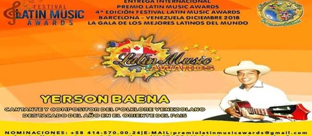 YERSON BAENA NOMINADO EN LOS PREMIOS LATÍN MUSIC AWARDS